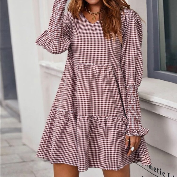 Rust Brown Checkered Baby doll dress. Brand New - Picture 1 of 6